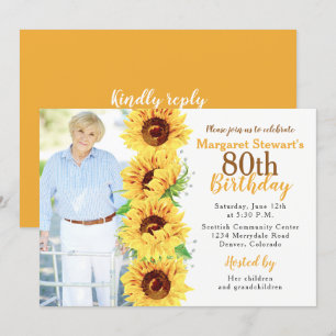 Yellow Sunflower Photo 80th Birthday Invitation
