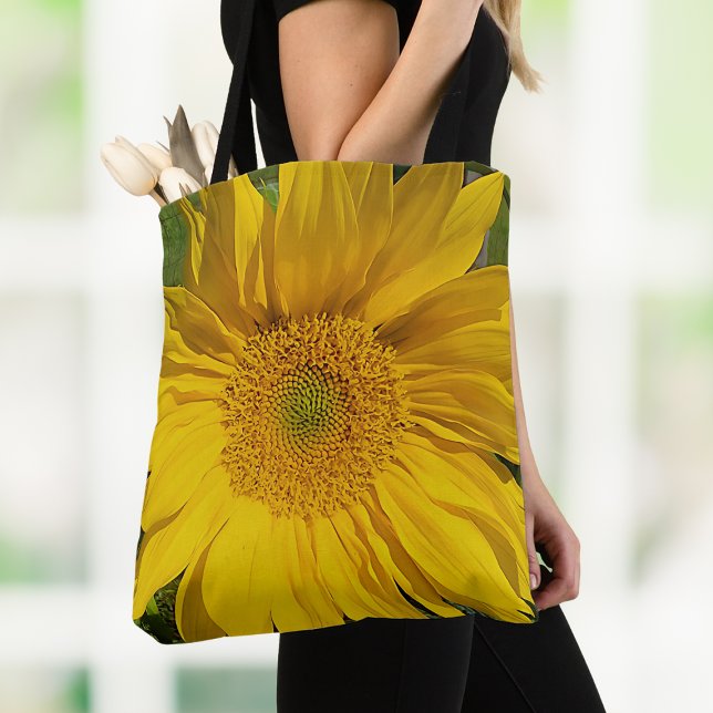 Yellow Sunflower Photo Floral Garden Lover's Tote Bag (Woman carrying a tote bag adorned with a sunflower photograph.)