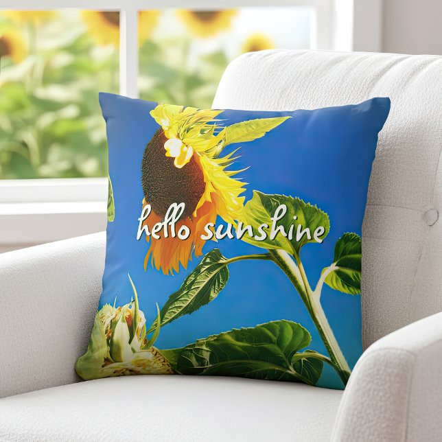 Yellow Sunflower Photo Hello Sunshine Script Bold Cushion (Creator Uploaded)