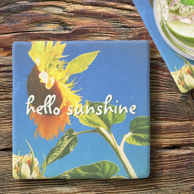 Yellow Sunflower Photo Hello Sunshine Script Bold Stone Coaster (Creator Uploaded)