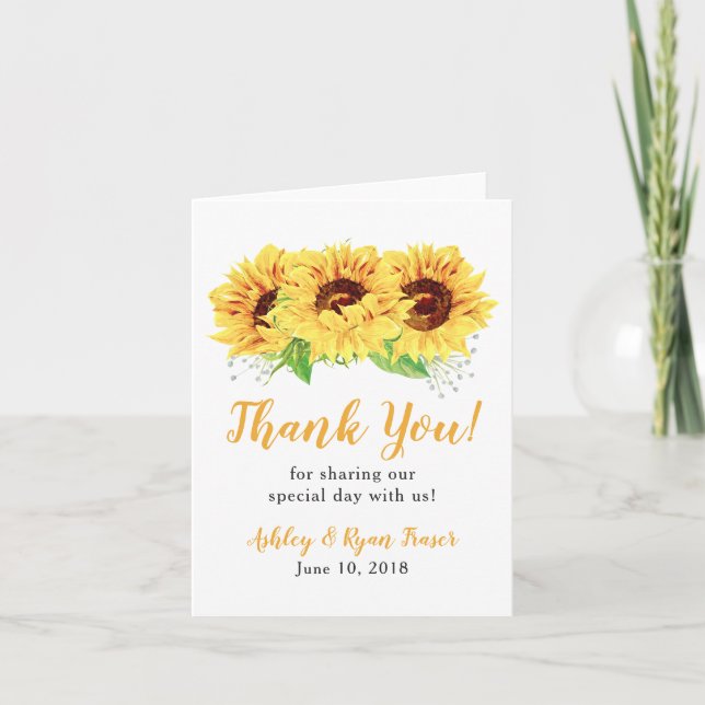 Yellow Sunflower Photo Wedding Thank You Card (Front)