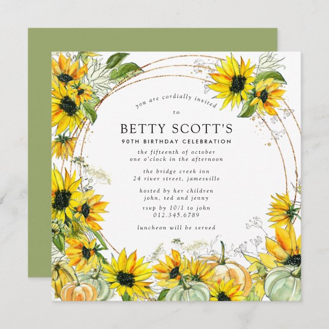 Yellow Sunflower Pumpkin Autumn 90th Birthday Invitation (Front/Back)