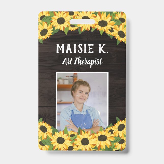 Yellow Sunflower & Rustic Dark Wood Photo ID Badge (Front)