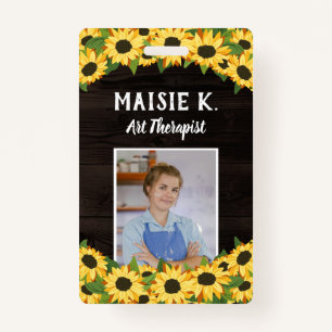 Yellow Sunflower & Rustic Dark Wood Photo ID Badge