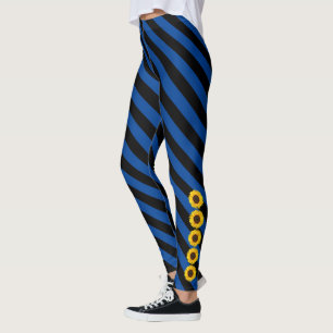 Yellow Sunflower Sides Black and Blue Stripe Leggings