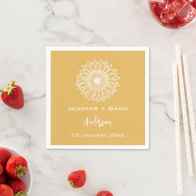 Yellow Sunflower Sketch Personalised Wedding Napkin (Insitu)