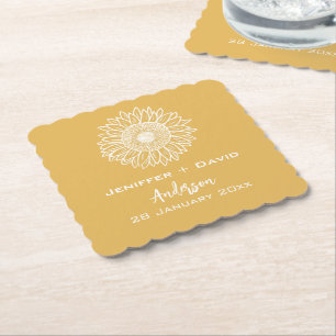 Yellow Sunflower Sketch Personalised Wedding Paper Coaster
