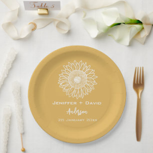 Yellow Sunflower Sketch Personalised Wedding Paper Plate