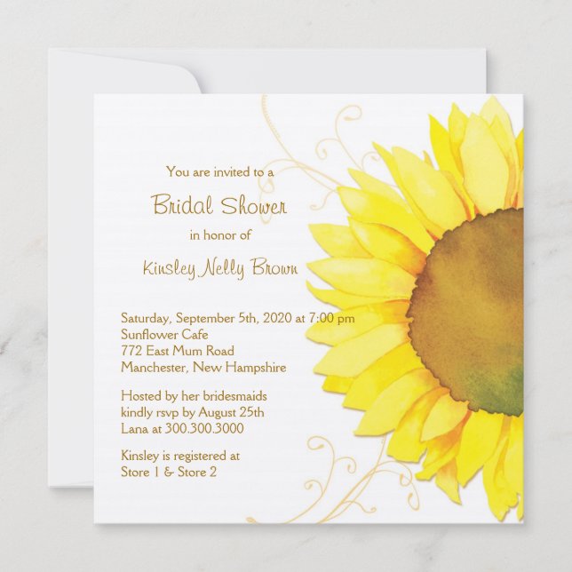 Yellow Sunflower & Swirls Floral Bridal Shower Invitation (Front)