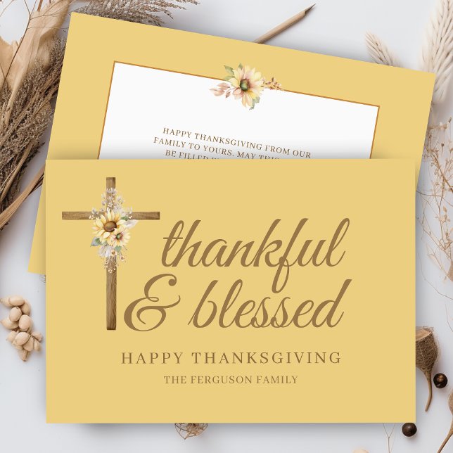 Yellow Sunflower Thankful and Blessed Thanksgiving Holiday Card (golden religious cross thankful and blessed happy thanksgiving cards with family name and sunflowers)