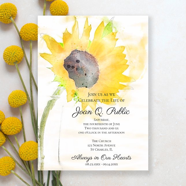 Yellow Sunflower Watercolor Celebration of Life Invitation (Creator Uploaded)