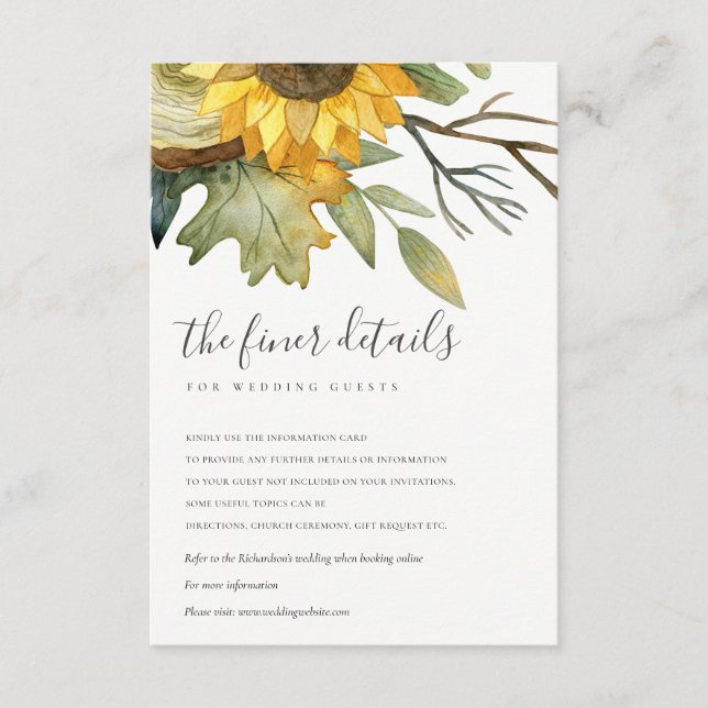 YELLOW SUNFLOWER WATERCOLOR FLORAL WEDDING DETAIL ENCLOSURE CARD (Front)