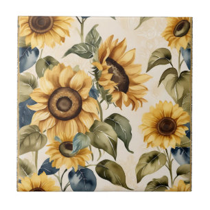 Yellow Sunflower Watercolor Pattern Ceramic Tile