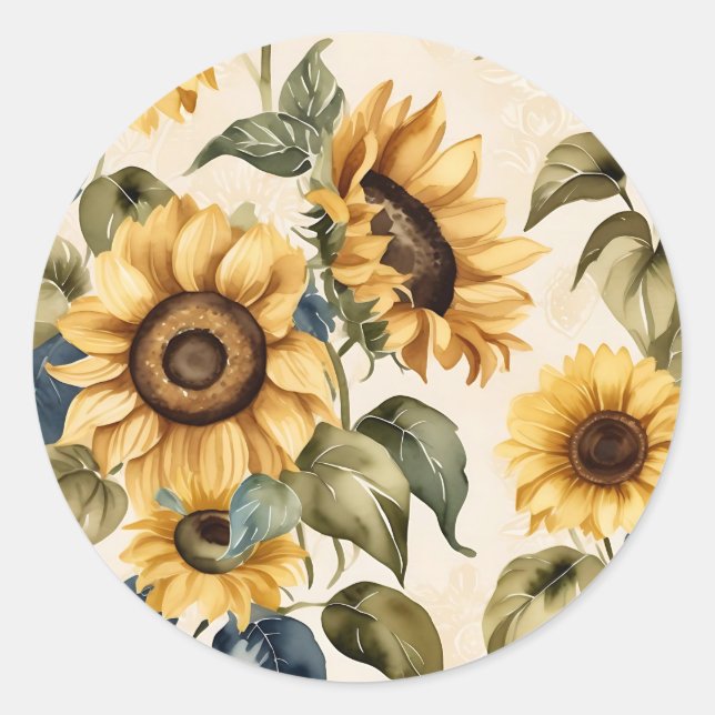Yellow Sunflower Watercolor Pattern Classic Round Sticker (Front)