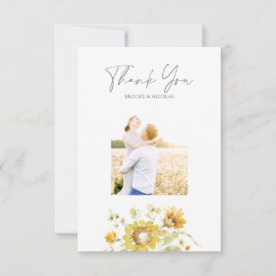 Yellow Sunflower Watercolor Wedding Photo Thank You Card