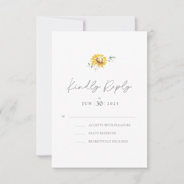 Yellow Sunflower Watercolor Wedding RSVP Card (Front)
