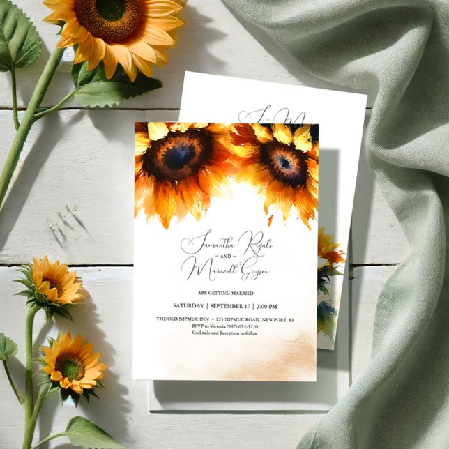 Yellow Sunflower Wedding Invitation (Sunflower wedding invitations additional information on the back modern rustic stationery)