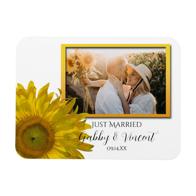 Yellow Sunflower Wedding Just Married Photo Magnet (Horizontal)