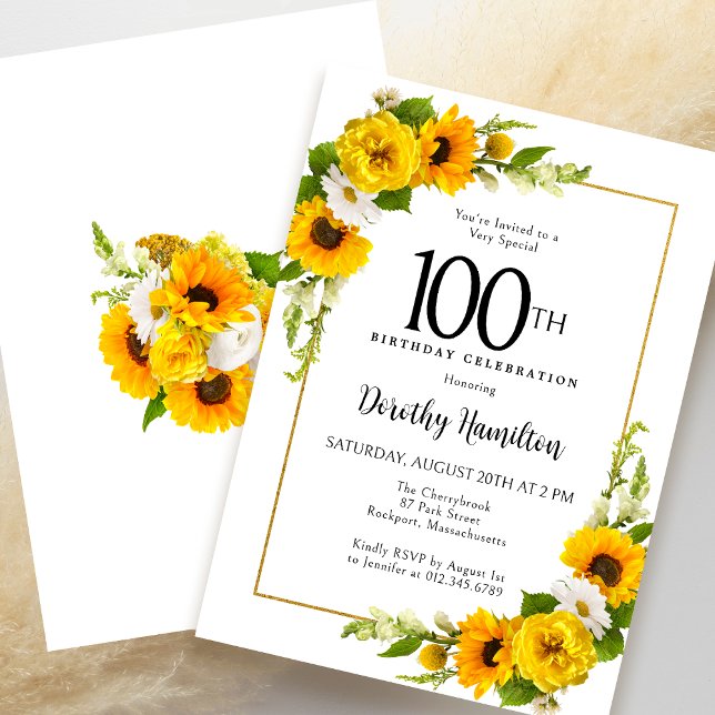 Yellow Sunflower White Daisy Floral 100th Birthday Invitation (Elegant Invitation to get the Party of to a Great Start!)