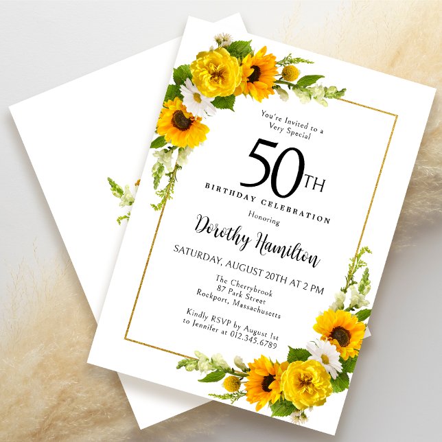 Yellow Sunflower White Daisy Floral 50th Birthday Invitation (Creator Uploaded)