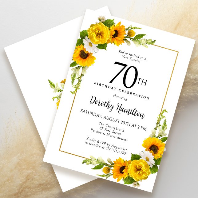 Yellow Sunflower White Daisy Floral 70th Birthday Invitation (Creator Uploaded)