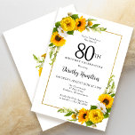 Yellow Sunflower White Daisy Floral 80th Birthday Invitation<br><div class="desc">Pretty yellow sunflower floral 80th birthday card. Yellow peonies and white daisies mingle with the sunflowers. A rectangular gold frame gives it an elegant vibe. Very easy to customise. That back is white with a sunflower bouquet. This is a perfect for a summer birthday celebration. This item is party of...</div>