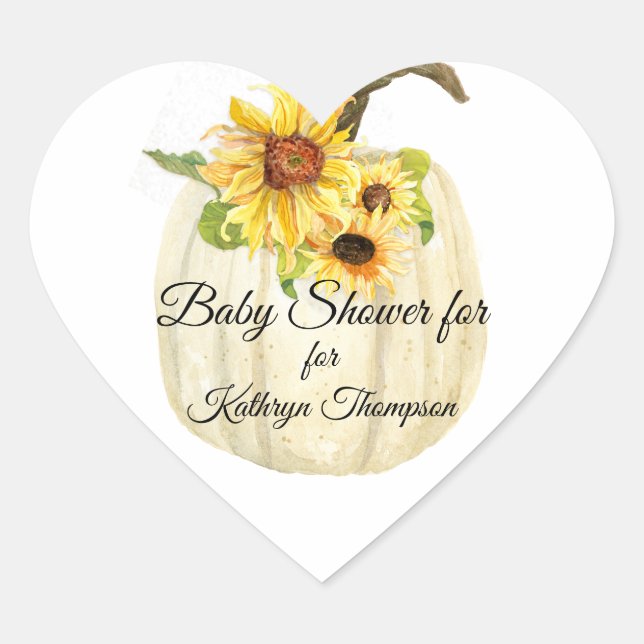 Yellow Sunflower White Pumpkin Fall Baby Shower Heart Sticker (Front)