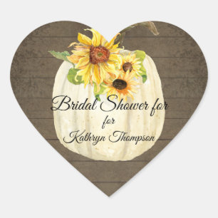 Yellow Sunflower White Pumpkin Wood Bridal Shower Heart Sticker