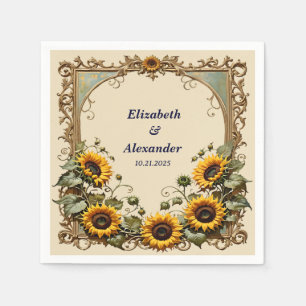 Yellow sunflower with art frame wedding napkin