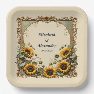 Yellow sunflower with art frame wedding paper plate