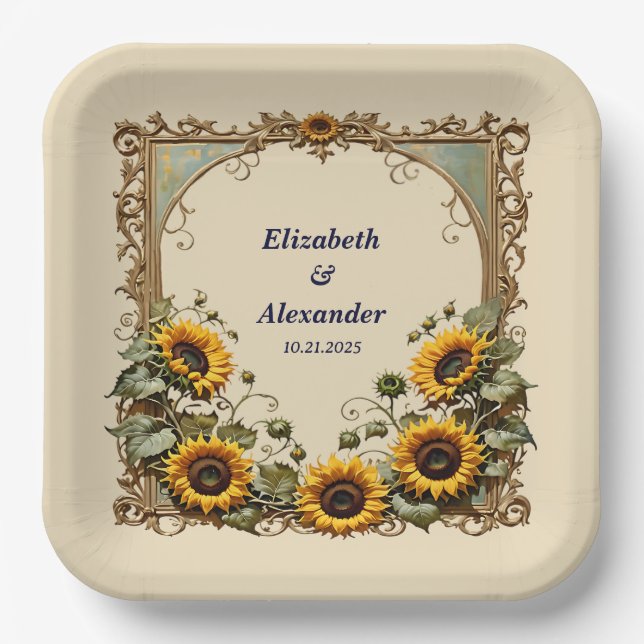 Yellow sunflower with art frame wedding  paper plate (Front)