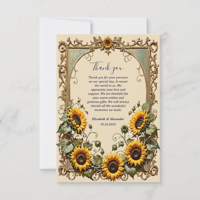 Yellow sunflower with art frame wedding  thank you card (Front)