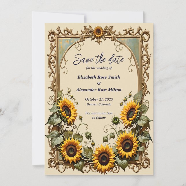 Yellow sunflower with art wedding frame save the date (Front)