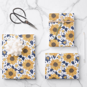 Yellow Sunflower with Blue Navy Leaves   Wrapping Paper Sheet