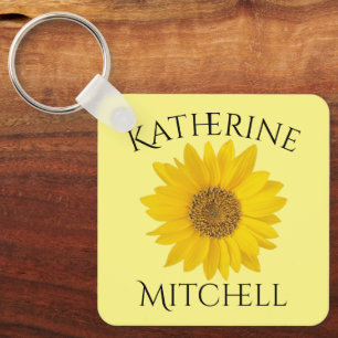 Yellow Sunflower with Custom Name Key Ring
