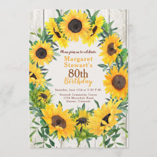 Yellow Sunflower Wreath 80th Birthday Invitation