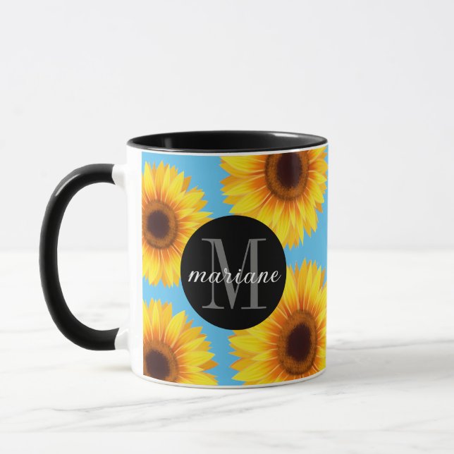 Yellow Sunflowers Add Your Name and Initial Blue Mug (Left)