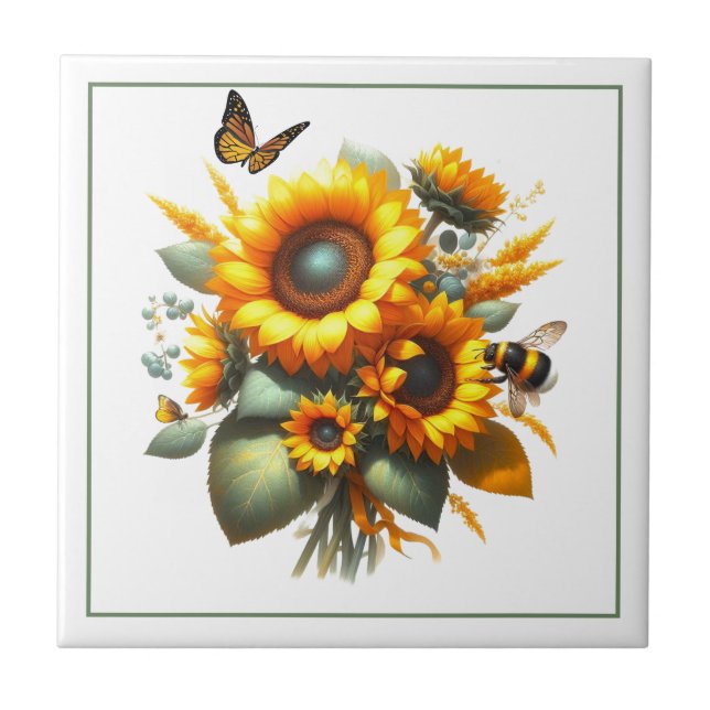 Yellow Sunflowers and Bees Floral Ceramic Tile (Front)