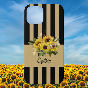 Yellow Sunflowers and Black and Gold Striped iPhone 12 Case