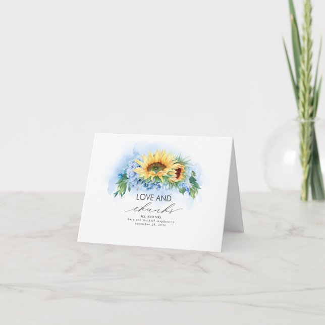 Yellow Sunflowers and Blue Hydrangea Wedding Thank You Card (Front)