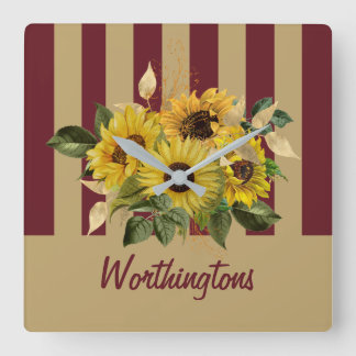 Yellow Sunflowers and Burgundy and Gold Striped Square Wall Clock