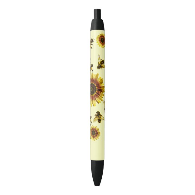 Yellow Sunflowers and Honey Bees Summer Pattern Black Ink Pen (Front Vertical)