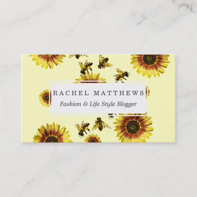 Yellow Sunflowers and Honey Bees Summer Pattern Business Card (Front)
