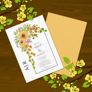 Yellow sunflowers, arch and initials fall wedding invitation