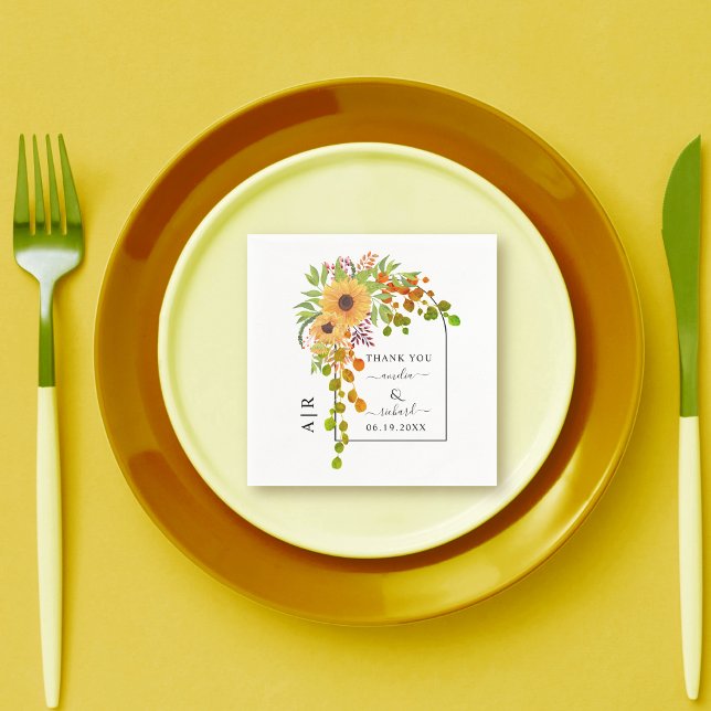 Yellow sunflowers, arch and initials fall wedding  napkin (Creator Uploaded)