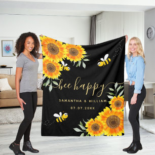 Yellow sunflowers bees black bee happy wedding fleece blanket