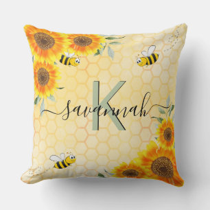 Yellow sunflowers bees rustic monogram script cushion
