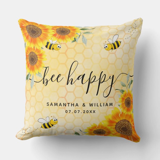 Yellow sunflowers bees rustic wedding couple cushion (Front)