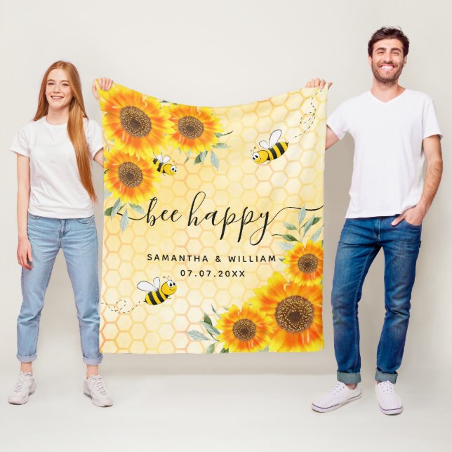 Yellow sunflowers bees rustic wedding couple fleece blanket (In Situ)