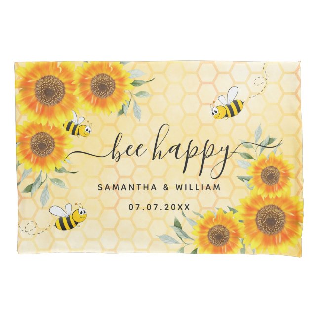 Yellow sunflowers bees rustic wedding couple pillowcase (Front)
